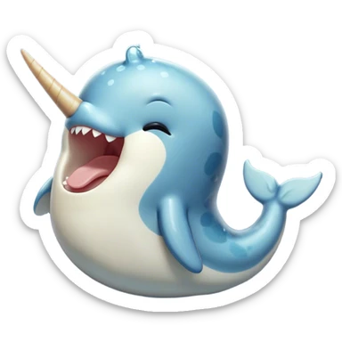 Cinematic Cute Yawning Narwhal Portrait Emoji, Head tilted slightly with a dramatic, wide-open yawn, showcasing a streamlined, mottled body with a gracefully curled ivory tusk and sleepy, half-closed eyes, Simplified yet irresistibly adorable features, highly detailed, glowing with a soft, cozy arctic glow, high shine, relaxed yet expressive, stylized with a hint of whimsical marine ease, soft glowing outline, capturing the essence of a drowsy yet affectionate narwhal that appears ready to stretch out for a nap! sticker