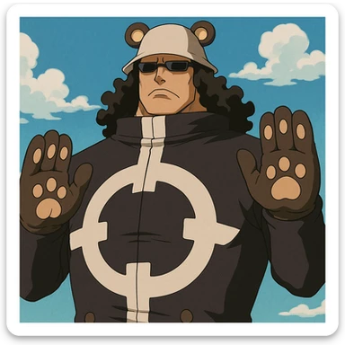 Bartholomew Kuma from One Piece, large imposing figure, bear ears hat, sunglasses, paw pads on hands, serious expression, anime style sticker