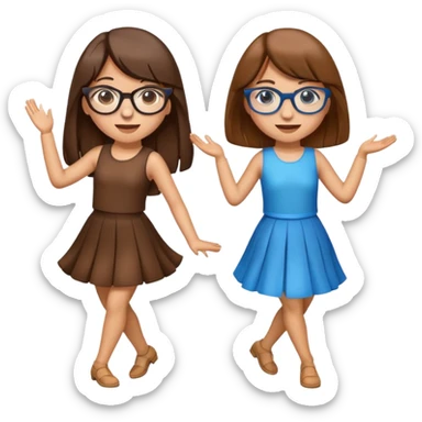 Two dancing girl emojis but one girl has long brown hair with bangs with blue eyes and glasses. And the other girl has long brown hair and brown eyes and tan skin.  sticker