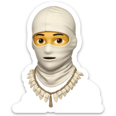 Ultra-detailed studio shot of a post-apocalyptic off-white balaclava — deconstructed, frayed, layered, with braided rope tassels and subtle embroidery. Minimalist white background, soft lighting, sharp focus. High-fashion streetwear aesthetic. The face of a person in a mask should not be visible sticker