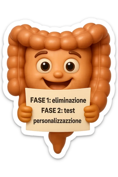 emoji stile iphone 3d di un intestino che tiene in mano un foglio con la scritta "FASE 1: eliminazione, FASE 2: test, FASE 3: personalizzazione, IPERREALISTICO 4K sticker