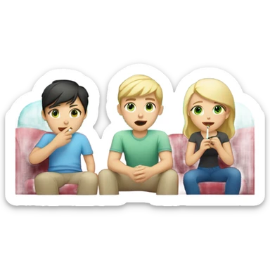 Brunette asian girl, blonde boy with blue eyes and a blonde girl with green eyes smoking whilst watching tv sticker