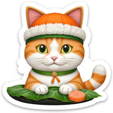 cat with its paws crossed wearing a hat made out of sushi sticker