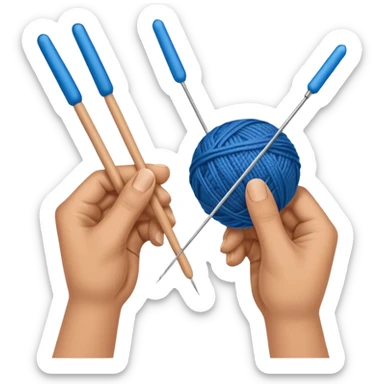 hands holding 2 knitting needles (1 on the right hand and another one on the left hand) with a ball of knitting thread (without a person's face) sticker