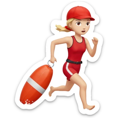 Female lifeguard – red cap, running along shore with rescue buoy sticker