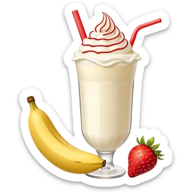 Milkshake vanilla with a banana sticking out of the milk shake it and two strawberries on both sides of the banana at the very tip of the banana, whipped cream and a smiley face one big banana coming out of milk shake sticker