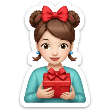 A cheerful young girl with brown hair styled in two playful buns adorned with red bows is winking and smiling.  In her hands, she holds a small decorated  sticker