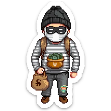 burglar with black and white striped shirt, black beanie, black mask over eyes, holding a moneybag sticker