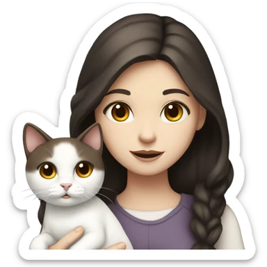 A pale girl with dark brown hair and dark brown eyes holds a white cat in her hands sticker