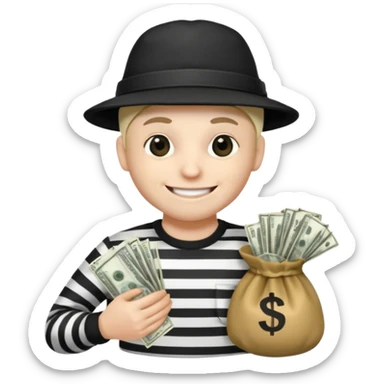 robber with 4 lines of black and white striped shirt and he has a money bag in his hand and a robber hat and he is smiling and he is whiteno money in his hand no money out of bag the bag is to the left  sticker