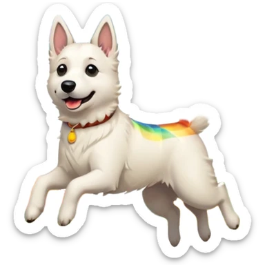 Beautiful White belgian Shepard jumping Cheerful  over Rain puddles. There is a rainbow in the sky and Autumn forest in the background sticker