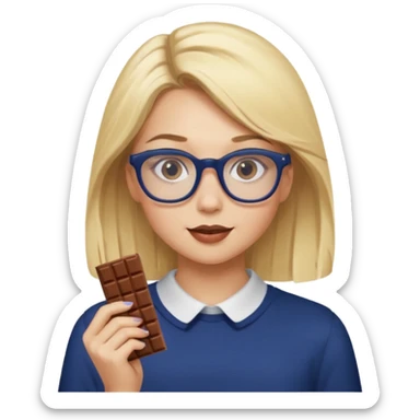 Blonde long haired girl with navy blue framed glasses eating chocolate with blonde eyebrows sticker
