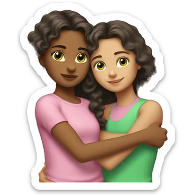 A girl with short dark hair and brown eyes in a pink top hugs her younger sister, who has long curly hair and green eyes sticker