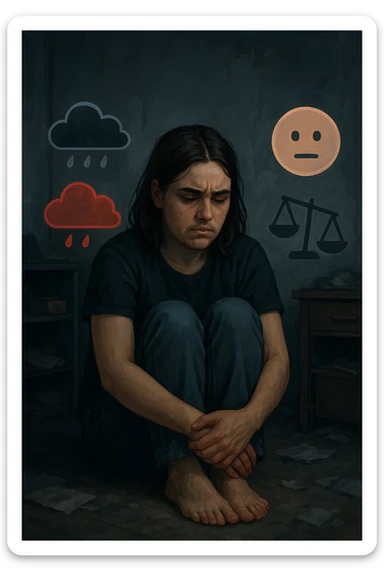 Donna tra i 25 e i 35 anni seduta da sola in una stanza, con lo sguardo basso e un’espressione di frustrazione e stanchezza. Sul volto si notano peli visibili sul mento e sopra il labbro, simbolo di irsutismo. Intorno a lei, l’ambiente appare disordinato, con luci fredde e atmosfera pesante. In trasparenza, simboli stilizzati di sbalzi d’umore (nuvole scure e rosse alternate a simboli di calma), e una bilancia emotiva sbilanciata. Le mani stringono le gambe, in gesto di disagio fisico ed emotivo. Colori cupi con accenti contrastanti. Stile realistico con elementi simbolici sticker