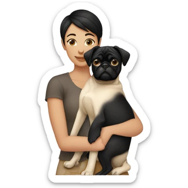 Lesbian woman Black short hair causacian sking hugging a pug sticker
