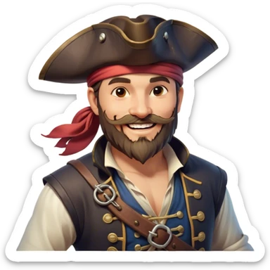 Clash of Clans aesthetic Cheerful Pirate Portrait Emoji, With a bright, confident smile and a relaxed yet adventurous posture, showcasing a stylized, rugged build with a classic pirate hat and a neatly groomed beard, his face in natural skin tone, Simplified yet expressive features, highly detailed, glowing with a soft, luminous maritime radiance, high shine, upbeat and daring, stylized with an air of classic swashbuckler allure, soft glowing outline, capturing the essence of a cheerful pirate ready to chart epic voyages! sticker