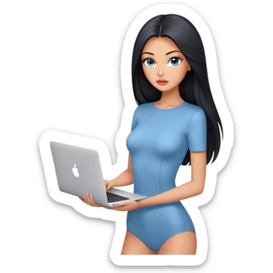 Glamours tanned very beautiful girl with pump peach nude lips and black straight smooth long hair, blue-grey eyes in short sleeves bodysuit with MacBook sticker