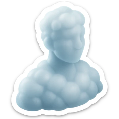 person looking straight, composed entirely of white fluffy convex clouds, shoulder up, matte glass style sticker