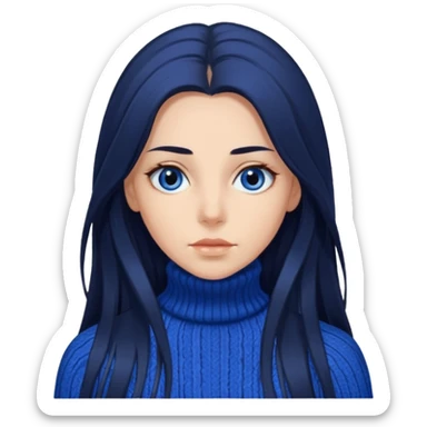 Mujer pelo oscuro y muy largo con unos mechones saliendo ojos oscuros y muy atractiva y con jersey de invierno azul de cuello vuelto sticker