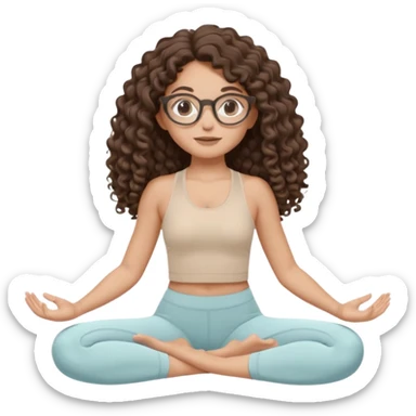 Memoji-stylegirl with long dark brown curly hair, round glasses, large brown eyes, soft rounded face, warm beige skin tone, wearing neutral Pilates activewear, calm wellness aesthetic, pastel colors, sticker-style digital illustration, smooth shading, white outline,reformer pilates doing. sticker
