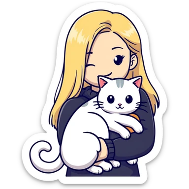 pretty woman with pale skin, very long blonde hair hugging a cat sticker