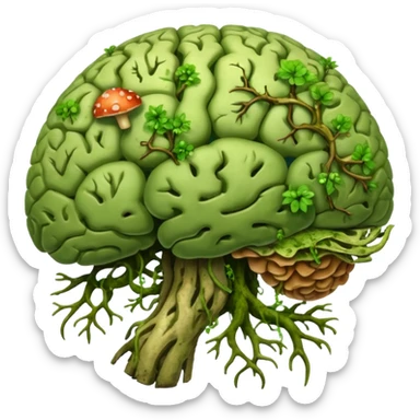 brain with moss and green fungi, vines taking over sticker