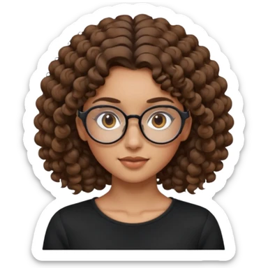 un chica con pelo rizado tiene hecha una coleta y con dos rizos sueltos en la parte de alante que le llega hasta el cuello. luego pil un poco morena ojos marrones y tiene gafas negras y son exagonales pero un poco redondeadas. sticker