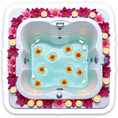 A nice square-shaped romantic Jacuzzi tub with warm water, with flower petals and scented candles, romantic lush warm colors sticker