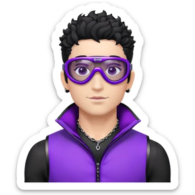 male athlete with white skin and moderately curly black hair on top with shaved sides, wearing ski goggles with purple frames and very dark black lenses, a simple plain black chain necklace, and an open shiny purple vest showing his chest and abs, no earrings sticker