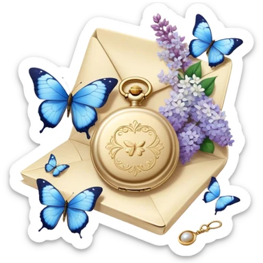 A golden locket, resting beside an ivory envelope sealed with a pearl wax stamp, is surrounded by delicate blue butterflies and cascading white lilacs. A vintage perfume bottle with intricate floral engravings sits nearby, its fragrance lingering in the air. sticker