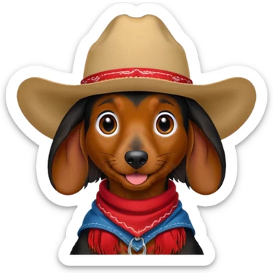 mostly black with some brown long hair daschund with a cowboy hat, ears curl out a bit and bandana and tongue slightly out sticker