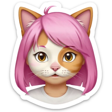 calico cat wear pink hair wig, white T-shirt sticker