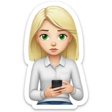 White blondie girl with green eyes siting tired at sofa with mobile phone sticker