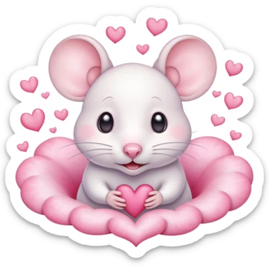 This is a cute watercolor illustration of a small, white cartoon mouse with large, round, pink-lined ears. The mouse has heart-shaped eyes, a small open mouth, and is surrounded by floating pink hearts, conveying a feeling of love, adoration, or strong affection. sticker