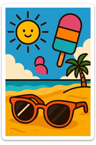 summer theme with vibrant colors, beach, sun, ice cream, sunglasses sticker