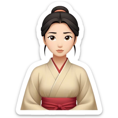 Cinematic Serene Mulan Portrait Emoji, rendered in a simplified vector style. Depict a gentle Mulan (chest and above) with warm, radiant skin, sleek dark hair pulled back in a neat bun, and a calm, thoughtful expression, wearing a simple traditional robe in muted hues. The design glows softly with an elegant, inviting light. sticker