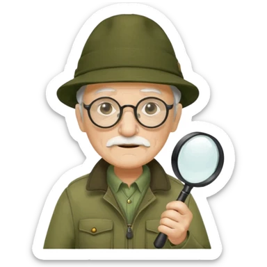 old man in beige moss green explorer outfit, wear black glass, hat, holding magnifying glass sticker