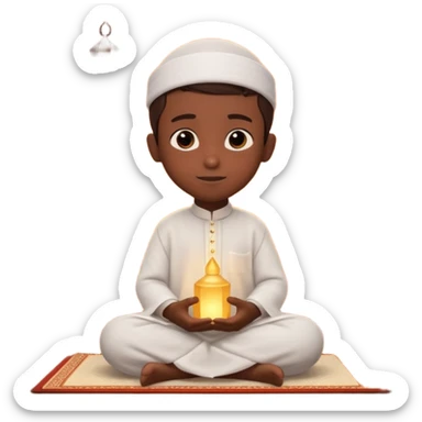 Personnage 3D mignon en style Pixar, un petit garçon portant un qamis blanc et un kufi, tenant un tapis de prière, entouré de lanternes brillantes, fond doux, couleurs chaudes, garçon teint noir sticker