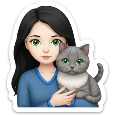 Black long hair, white skin, pretty black eyes, a woman with a gray Scottish fold green eye cat and a white blue eye cat
 sticker