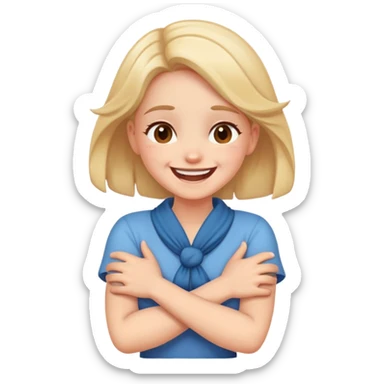 girl with crossed arms holding neck laughing  sticker