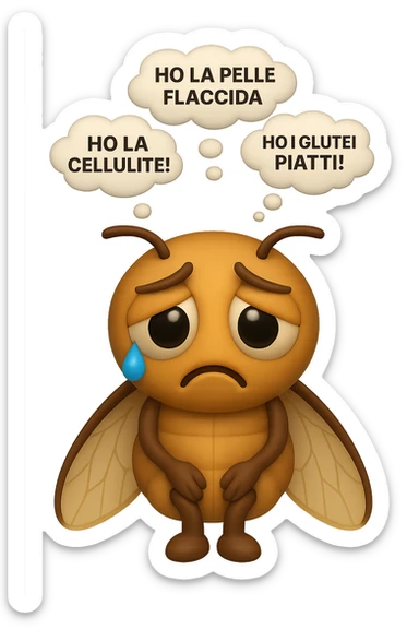EMOJI STILE IPHONE 3D DI una cicala triste che si tocca le cosce e piange perché non le piace il suo fisico, posa frontale, fagli anche la parte bianca degli occhi, non solo la pupilla, sulla testa della cicala aleggiano i pensieri "HO LA PELLE FLACCIDA", "HO LA CELLULITE!", "HO I GLUTEI PIATTI!" sticker