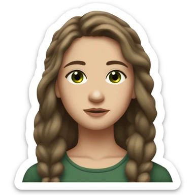 a Woman with Brown hair, long hair, Dark Green eyes, White, 17 Years Old, Squinted Downturned eyes, Hair Almost Covering One Eye, Side Parted Hair, Soft Eyes, Downturned Eyes, Equilian Nose, Roman Nose, Full Body, Freckles sticker