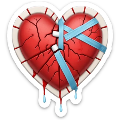 Un corazón roto con grietas  sangrando y expulsando sangre rodeado de vendas y tiritas que se despegan sin hacer efecto SIN CARA sticker