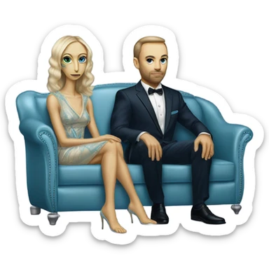 alien reptilian woman in long slim pastel blue formal party satin dress with gradient shiny sparkling navy blue diamonds embroidered , and caucasian man in black dress, sitting on a beige couch  sticker