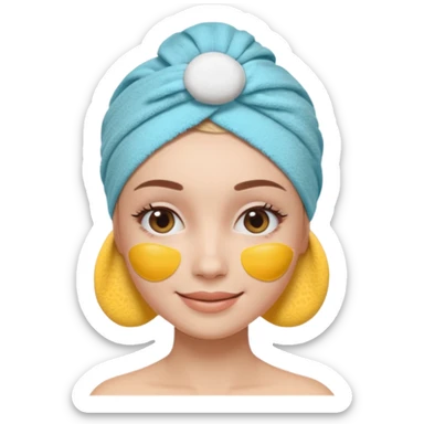 3D emoji style woman with towel head wrap, under-eye patches, smiling softly, clean girl skincare aesthetic, soft studio lighting, smooth skin texture, minimalist beige background, high resolution, PNG sticker
