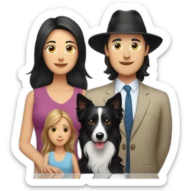 Family formed by a White man on hat and a White woman with long black hair and one small black dog border collie sticker