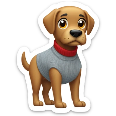 cartoon animal character resembling  a dog with a tan face and a prominent black nose. The character has a confident expression, hands in its pockets, and is dressed in a gray sweater, light blue jeans, and red sneakers. sticker