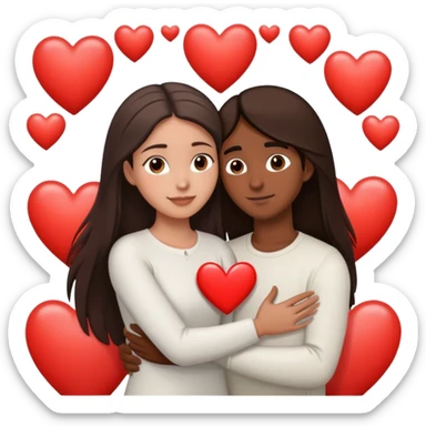 A couple embracing, man with mestizo brown skin and short straight dark brown hair, woman with fair skin and long dark brown hair, with white hearts around them sticker