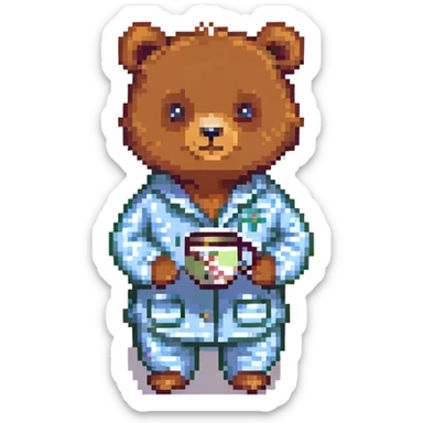A bear in pajamas, holding a cup of tea sticker