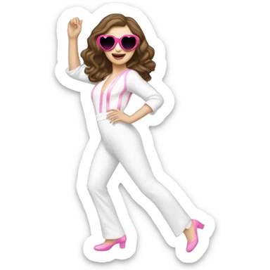 Studio 54 brunette white girl dancing wearing a white jumpsuit wearing pink heart shaped sunglasses  sticker